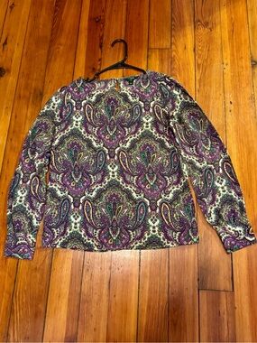 J. Crew Paisley Long-Sleeve Top in Purple, Yellow, Cream, and Green, Size Small